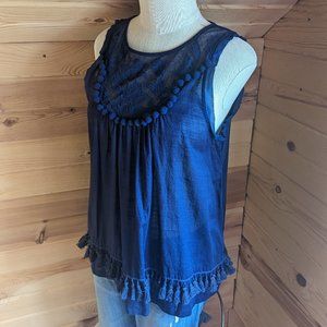 Anthropologie Floreat Dark Blue Tassel and Pom Pom Trim Tank